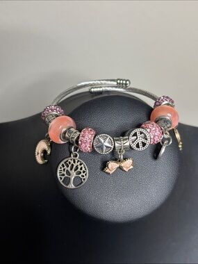 Silver Baby Girl Charm Wrap Bracelet Pink Beads and Tree & Peace Charms